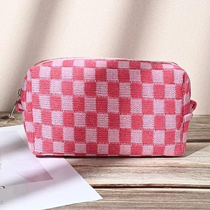 2 Pieces Makeup Bag Large Checkered Cosmetic Bag Pink Capacity Canvas Travel Toiletry Bag Organizer Cute Bag for Women