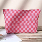 2 Pieces Makeup Bag Large Checkered Cosmetic Bag Pink Capacity Canvas Travel Toiletry Bag Organizer Cute Bag for Women