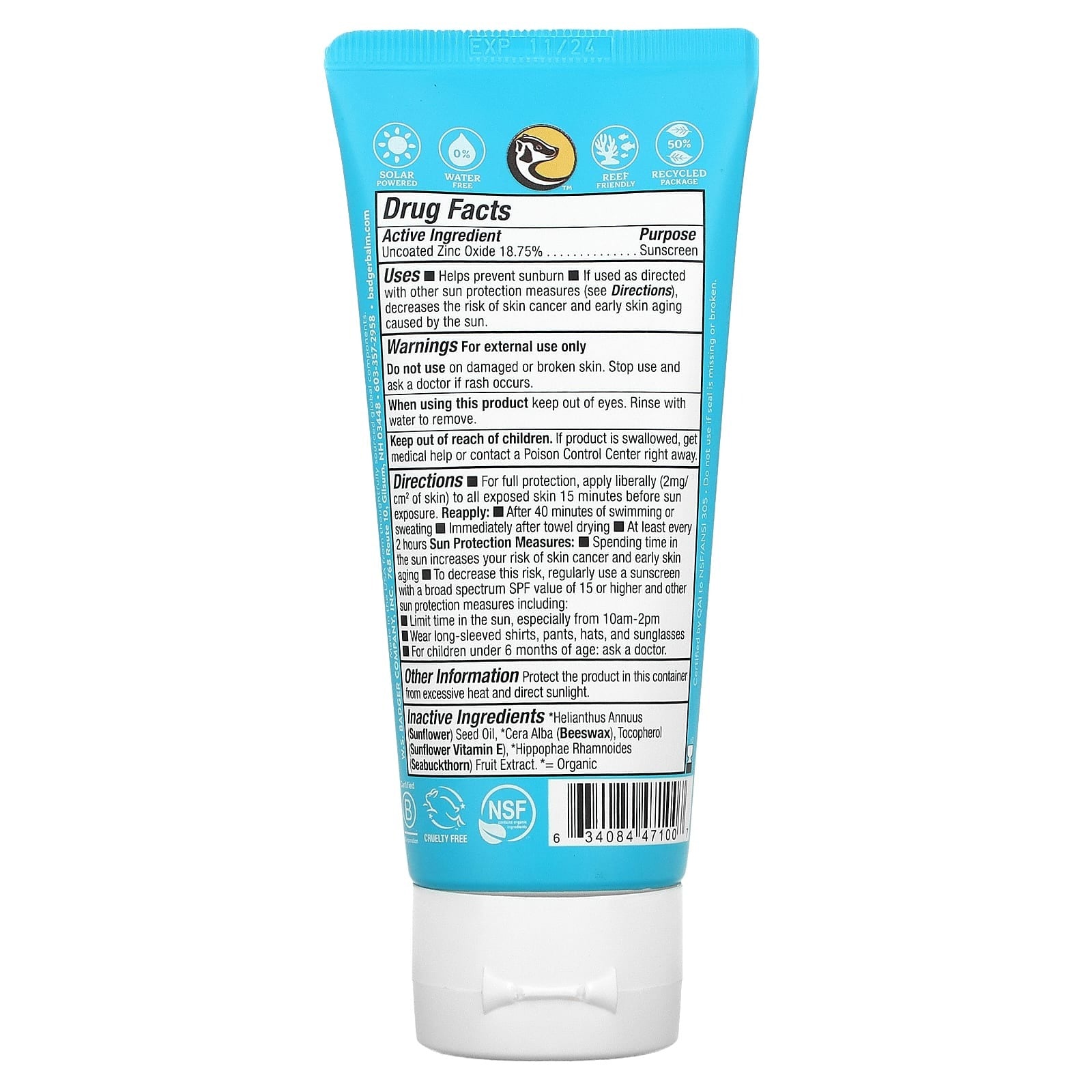 Badger, Active, Mineral Sunscreen Cream, SPF 30, Unscented, 2.9 fl oz (87 ml)