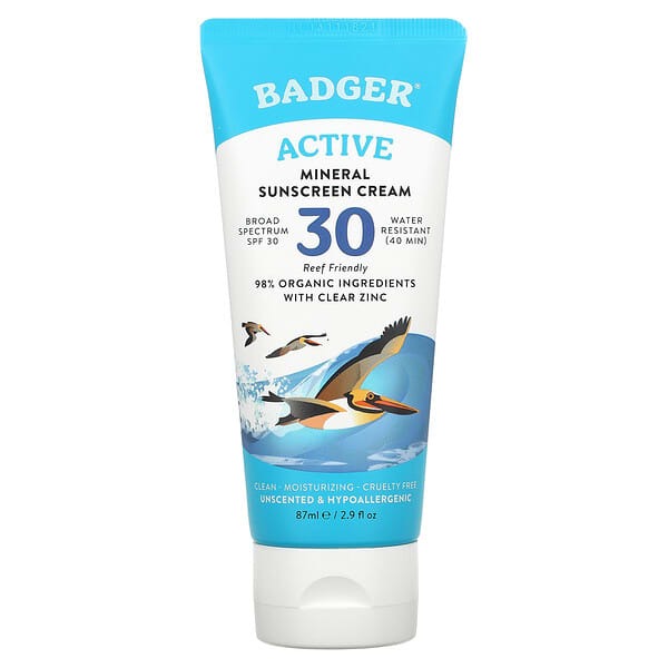 Badger, Active, Mineral Sunscreen Cream, SPF 30, Unscented, 2.9 fl oz (87 ml)