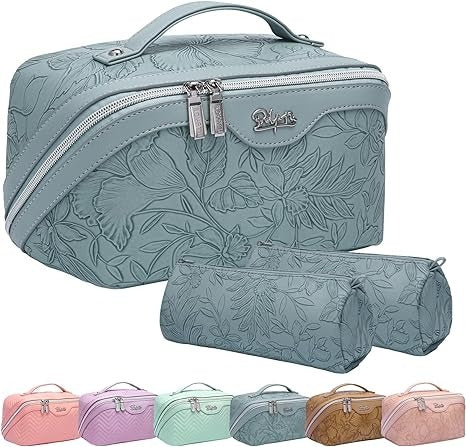 FOP Cosmetic organizer bag for travel: 3-piece set with large capacity makeup bag - PU leather toiletry bag for women - wide-open portable pouch with handle and divider