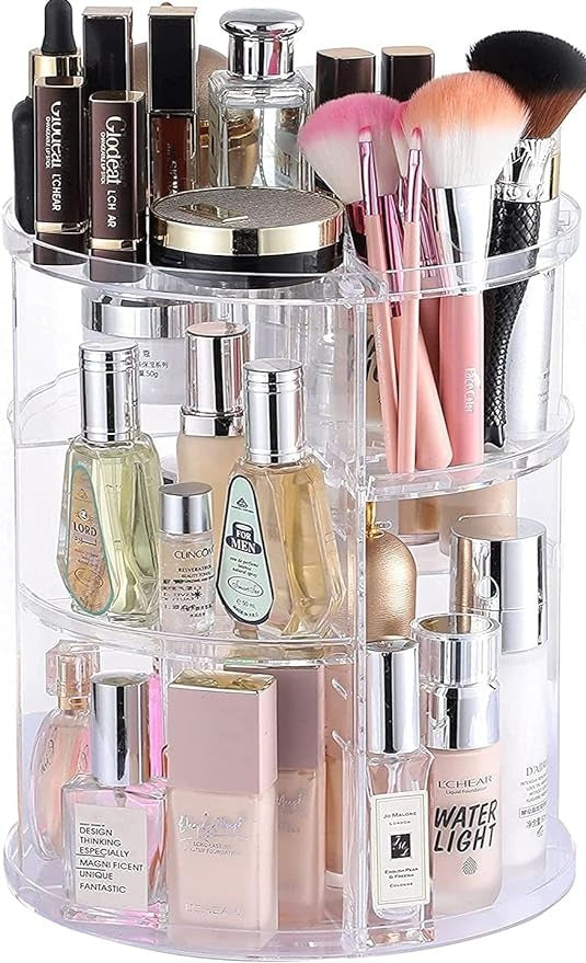 FOP Makeup Organizer with 360-degree Rotation and DIY Adjustable Layer Multi-Function Display Case Clear Vanity Bathroom Countertop Storage Carousel Vanity Makeup Organizers