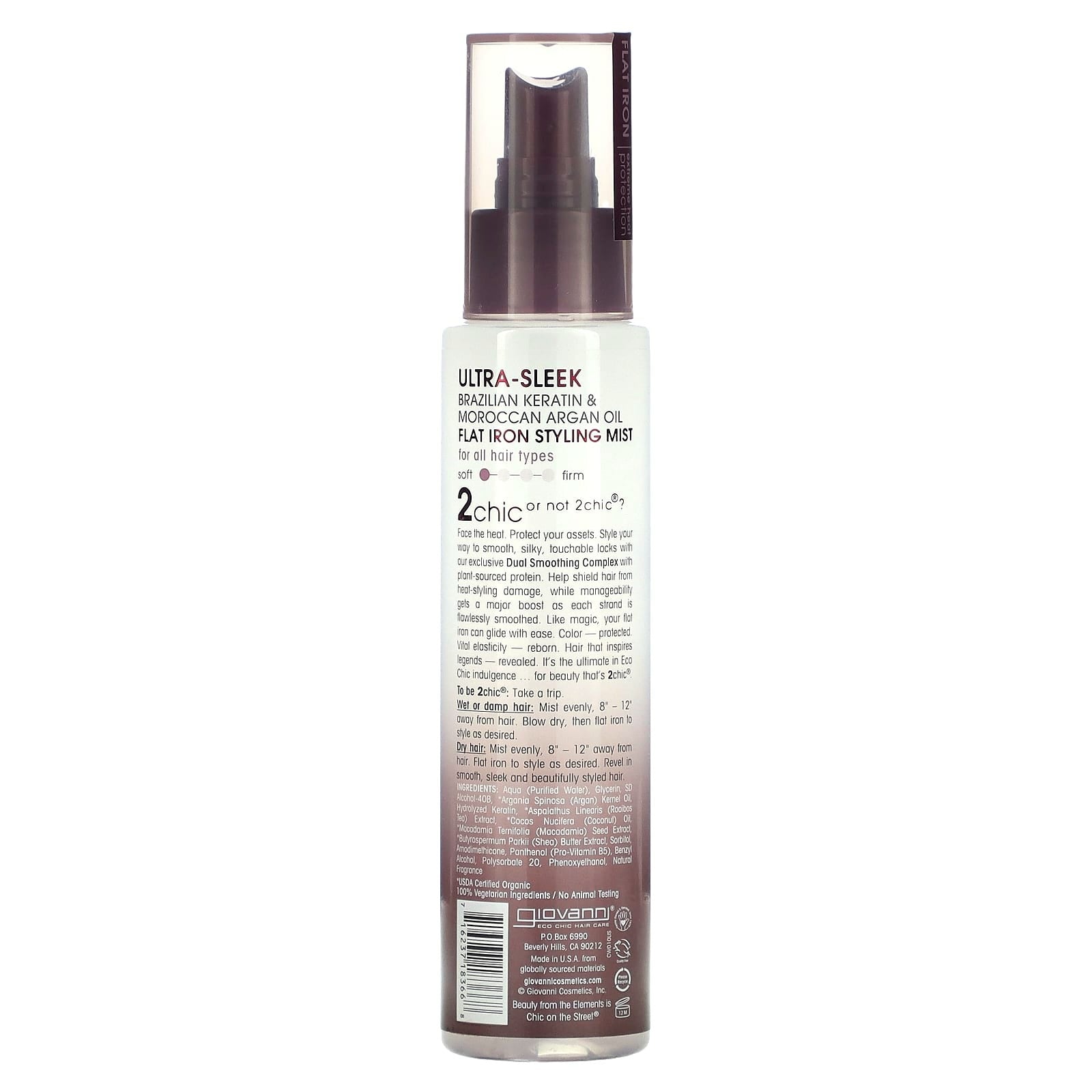 Giovanni, 2chic, Ultra Sleek Flat Iron Styling Mist, Brazilian Keratin + Moroccan Argan Oil, 4 fl oz (118 ml)