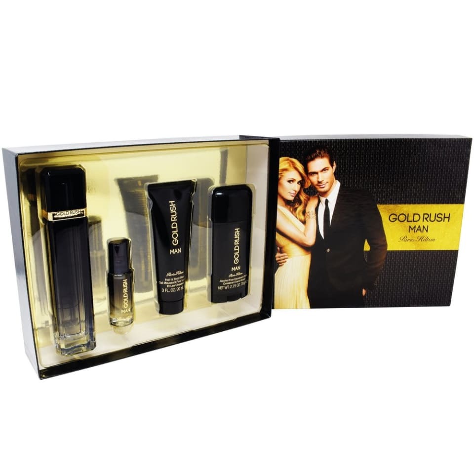 Gold Rush Man by Paris Hilton for Men - 4 Pc Gift Set 3.4oz EDT Spray, 0.5oz EDT Spray, 3.0oz Hair Body Wash, 2.75oz Alcohol Free Deodorant Stick