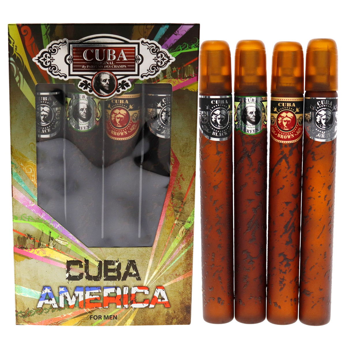 Cuba America by Cuba for Men - 4 Pc Gift Set 1.17oz EDT Spray Black, 1.17oz EDT Spray Green, 1.17oz EDT Spray Brown, 1.17oz EDT Spray Grey