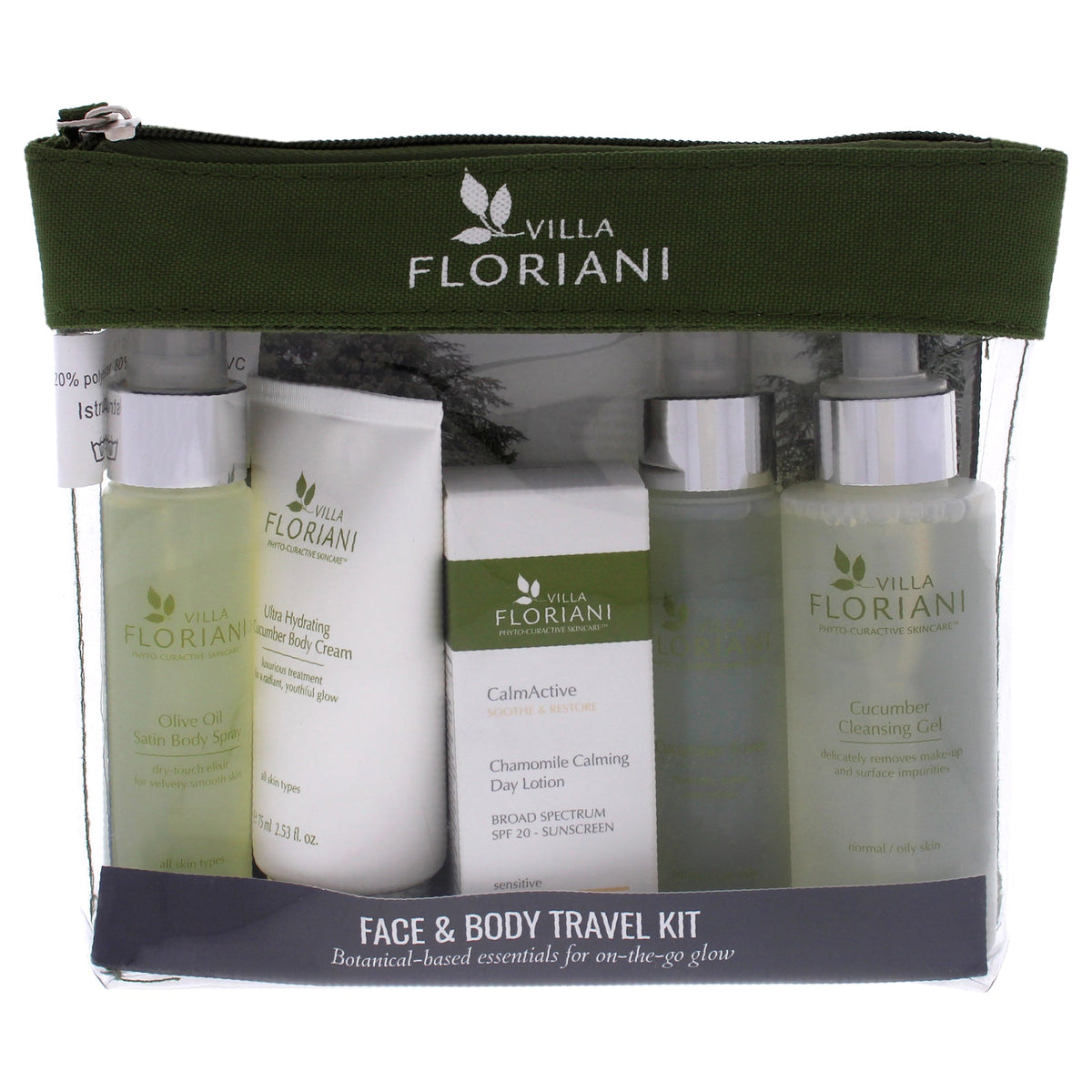 Face and Body Travel Kit by Villa Floriani for Women - 5 Pc 3.4oz Cucumber Cleansing GEL, 1.69oz Cucumber Toner, 0.68oz Chamomile Calming Day Lotion SPF20, 2.53 Ultra Hydrating Cucumber Body Cream, 1.69oz Olive Oil Satin Body Spray