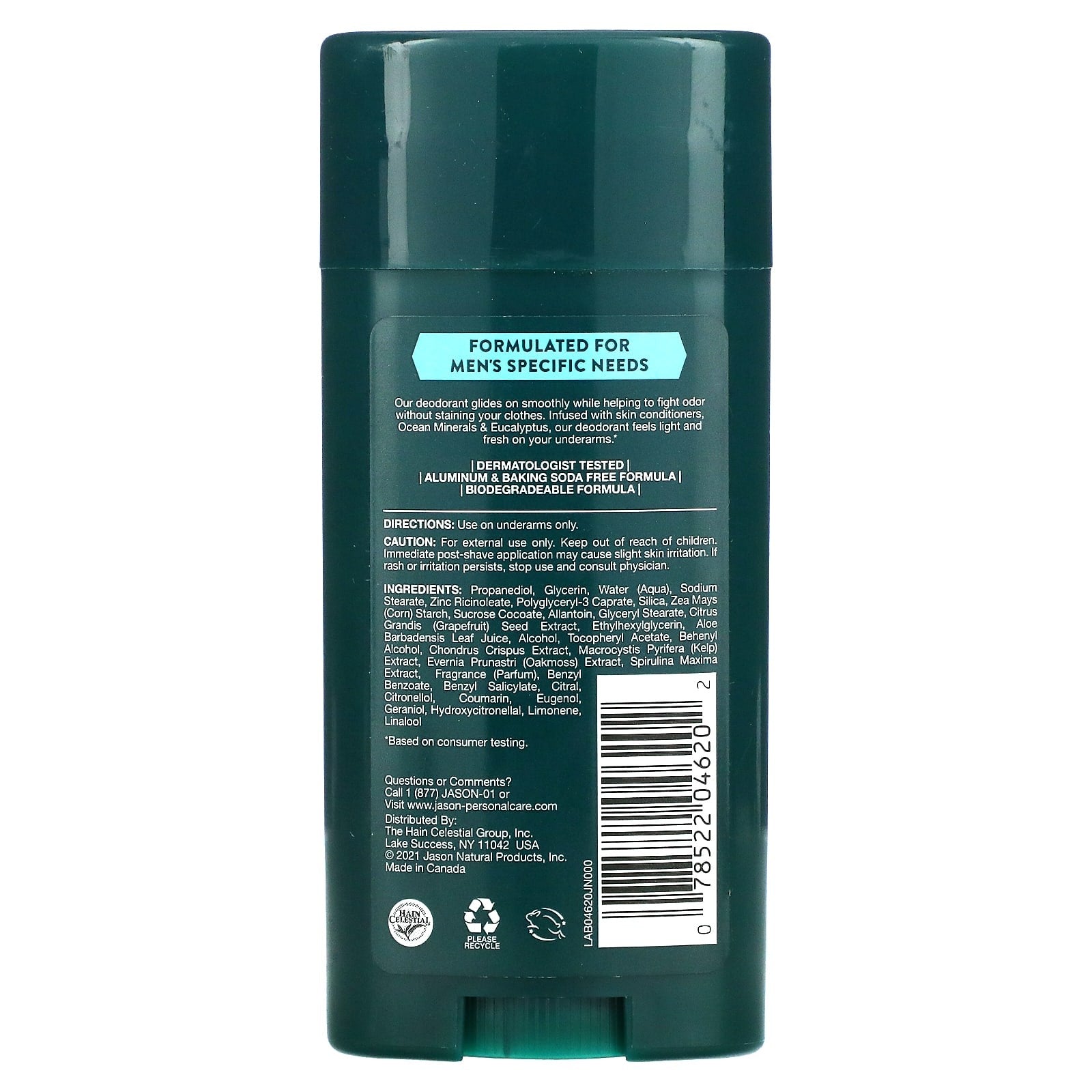Jason Natural, Men's, Deodorant, Ocean Minerals + Eucalyptus, 2.5 oz (71 g)