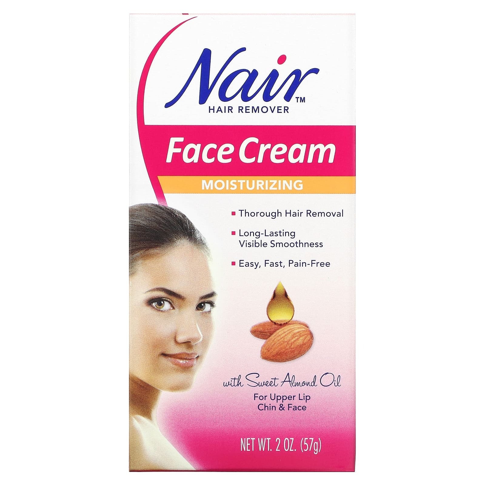 Nair, Hair Remover, Moisturizing Face Cream, For Upper Lip, Chin and Face, 2 oz (57 g)