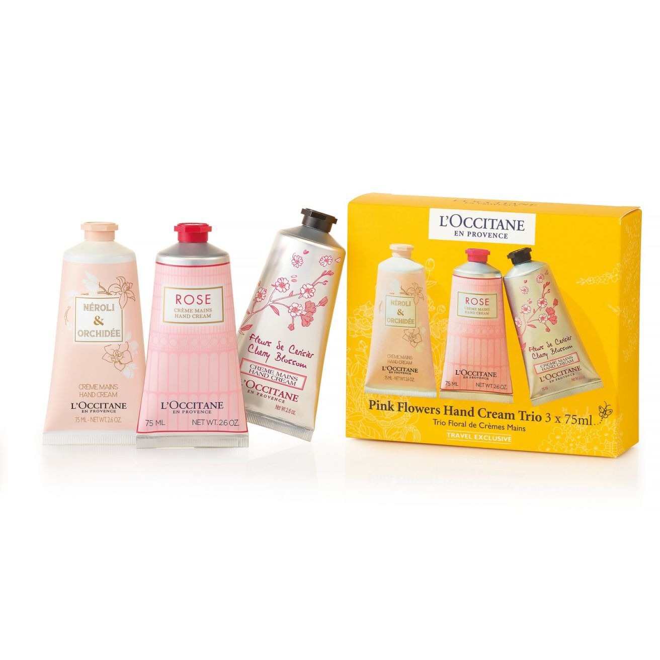 Pink Flowers Hand Cream Trio by LOccitane for Unisex - 3 x 2.6 oz Neroli and Orchidee Hand Cream, Rose Hand Cream, Cherry Blossom Hand Cream