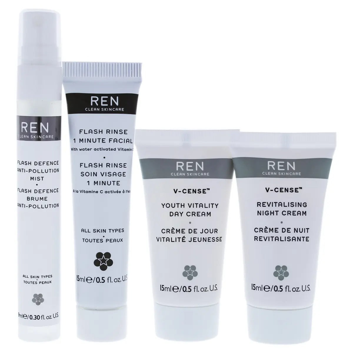 Pollution Proof Kit by REN for Unisex - 4 Pc  0.5oz Flash Rinse 1 Minute Facial, 0.5oz V-Cense Youth Vitality Day Cream,0.5oz V-Cense Revitalising Night Cream, 0.30oz Flash Defense Anti-Pollution Mist