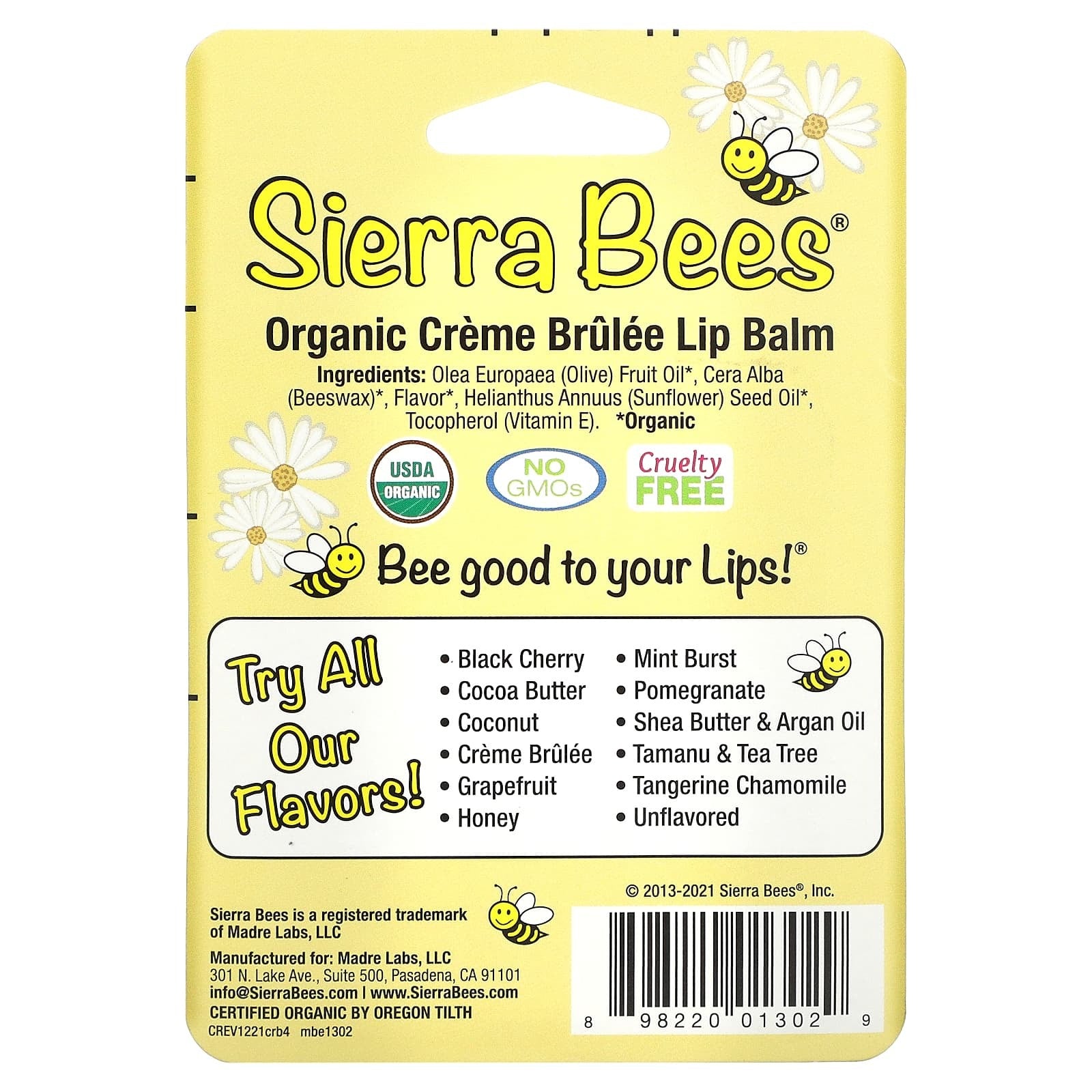 Sierra Bees, Organic Lip Balms, Creme Brulee (Vanilla), 4 Pack, 0.15 oz (4.25 g) Each