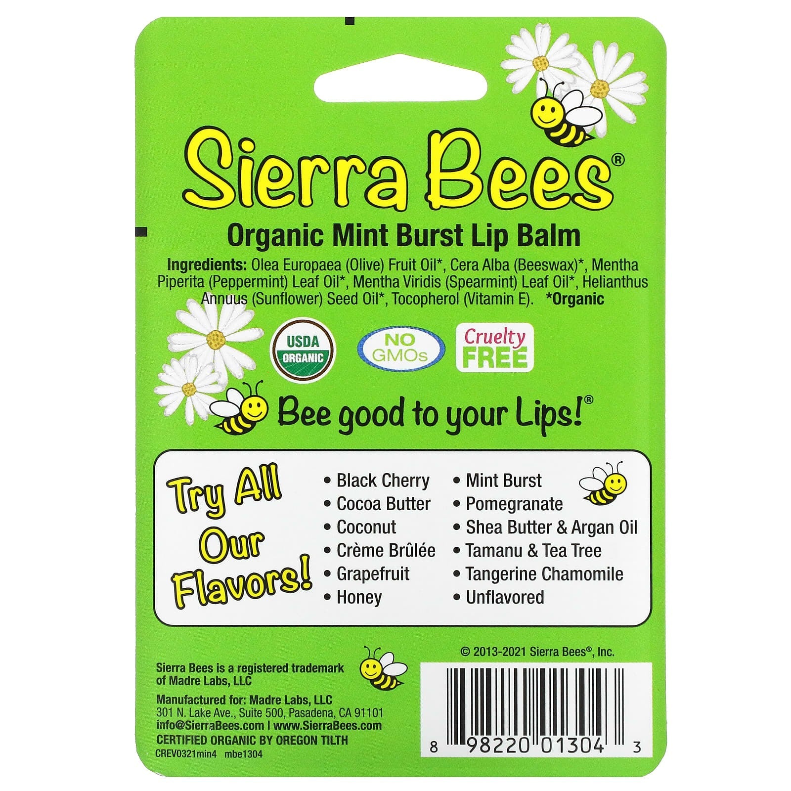 Sierra Bees, Organic Lip Balms, Mint Burst, 4 Pack, 0.15 oz (4.25 g) Each